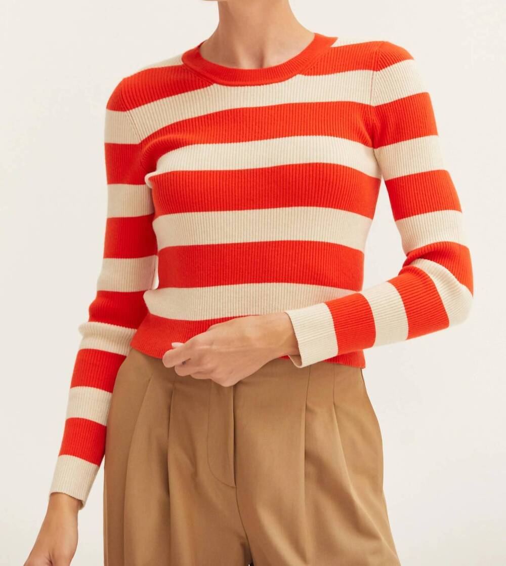 NEW CRESCENT lia striped rib knit top in orange and cream